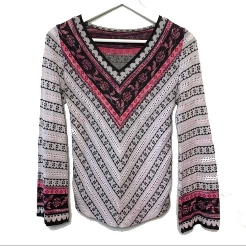 Vintage 70s 60s Knit Long Sleeve Sweater Top V Neck XS Bell Sleeves Union Made